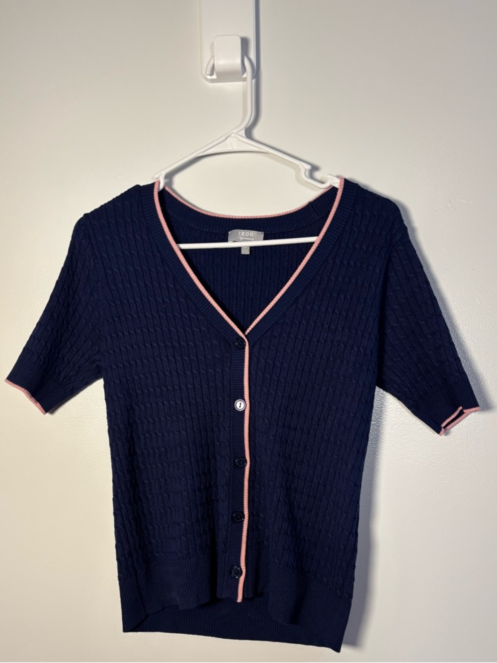 Izod Navy Short-Sleeve V-Neck Cardigan with Pink Trim